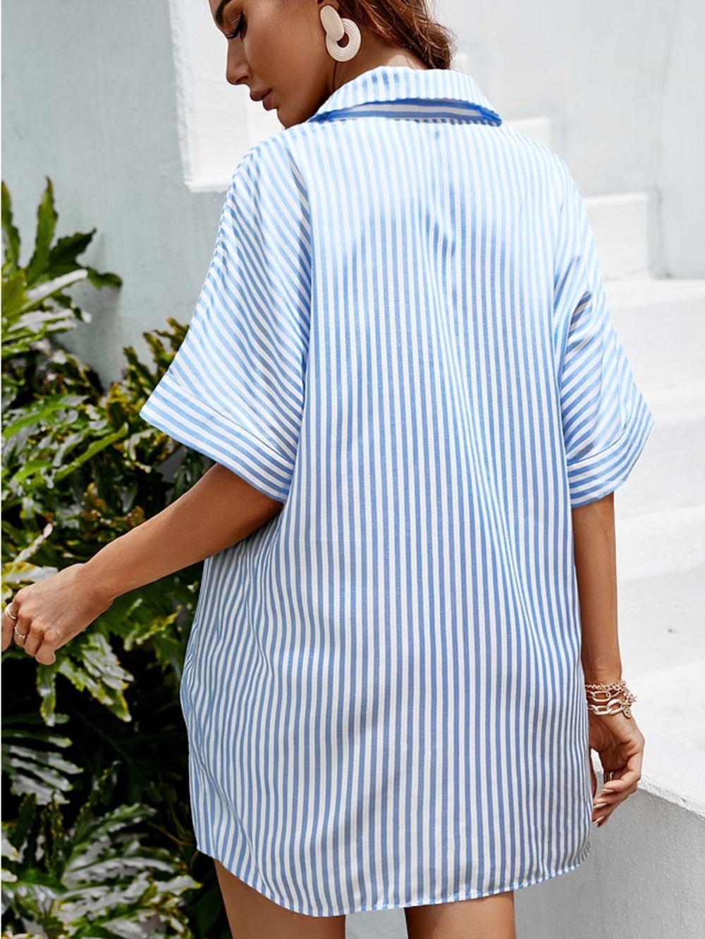 Cupshe Analia Dolman Sleeve Stripe Shirt Collar Dress Beachy Coverup NWT XL - Picture 2 of 11
